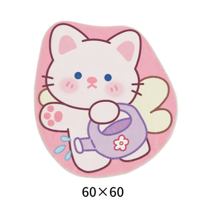Cute washable non-slip area rug with white cat and flower, 60 x 60