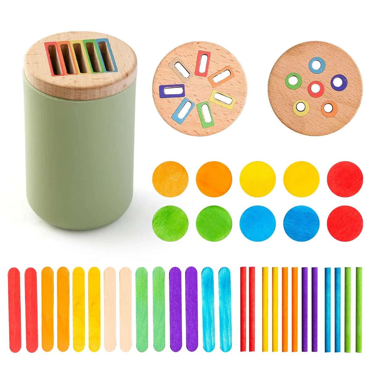 Montessori Colour Sorting Stick & Pot Toy – Wooden Rainbow Sticks, Colour Discs & Holed Lid | BPA-Free | Toddler Learning & Birthday Gift