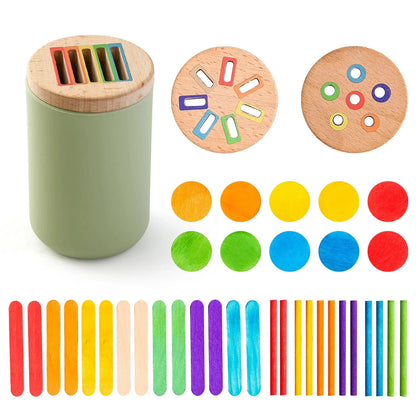 Montessori Colour Sorting Stick & Pot Toy – Wooden Rainbow Sticks, Colour Discs & Holed Lid | BPA-Free | Toddler Learning & Birthday Gift
