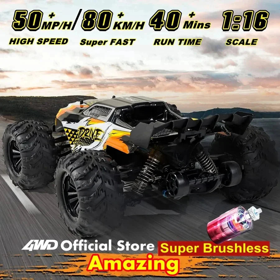 Orange and black 1:16 4x4 RC monster truck on a road with big tread tires