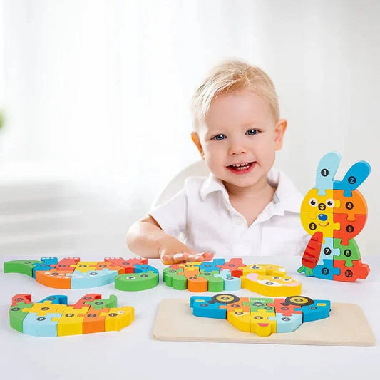 Wooden numbered dinosaur 3D jigsaw puzzle pieces with matching base board