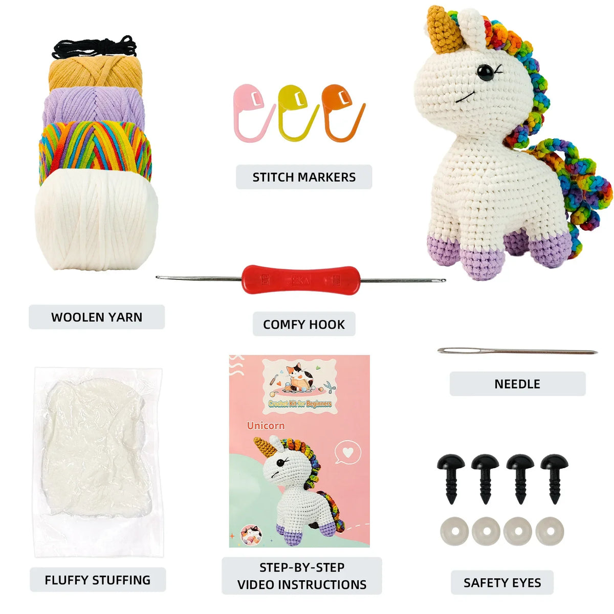 Kawaii Unicorn Crochet Kit for Beginners – Complete Amigurumi Starter Set | Everything Included | Cute Craft Gift