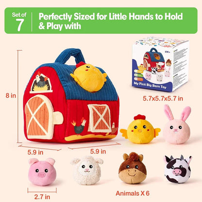 Red and blue barn toy set with small animal plush figures sized for little hands