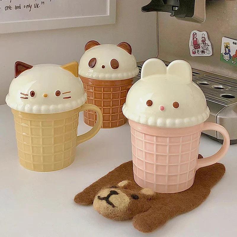 Animal ice cream mug set with cat, panda, and bunny faces in yellow and pink tones