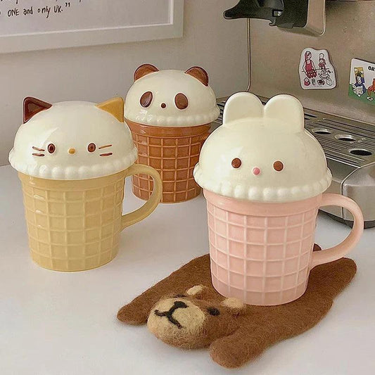 Animal ice cream mug set with cat, panda, and bunny faces in yellow and pink tones