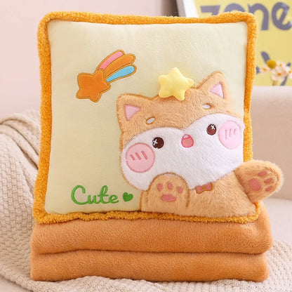 Kawaii pillow and blanket set with orange plush pillow and blanket, cute white fox face