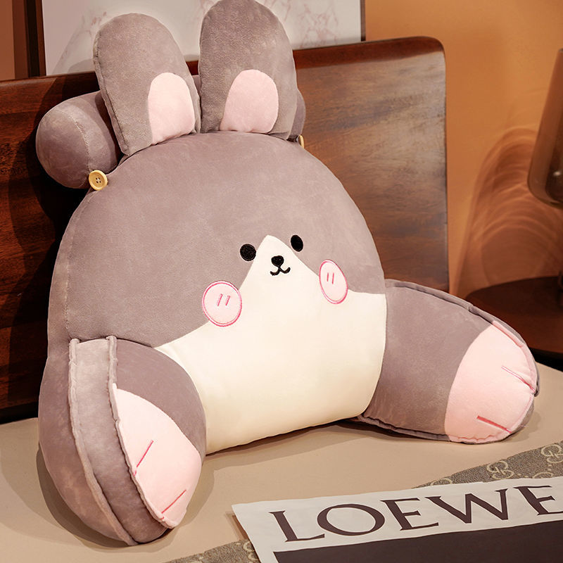 Gray cute rabbit reading pillow with pink blush accents and rounded paw-shaped support