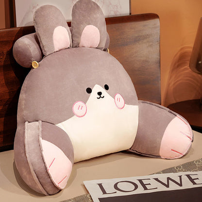 Gray cute rabbit reading pillow with pink blush accents and rounded paw-shaped support