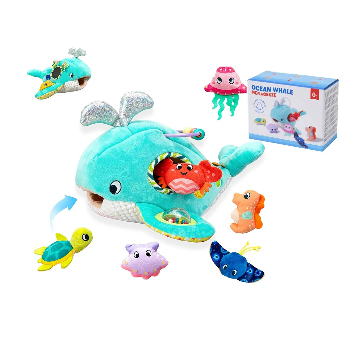 Blue plush ocean whale play set with hanging sea animals and a colorful interior