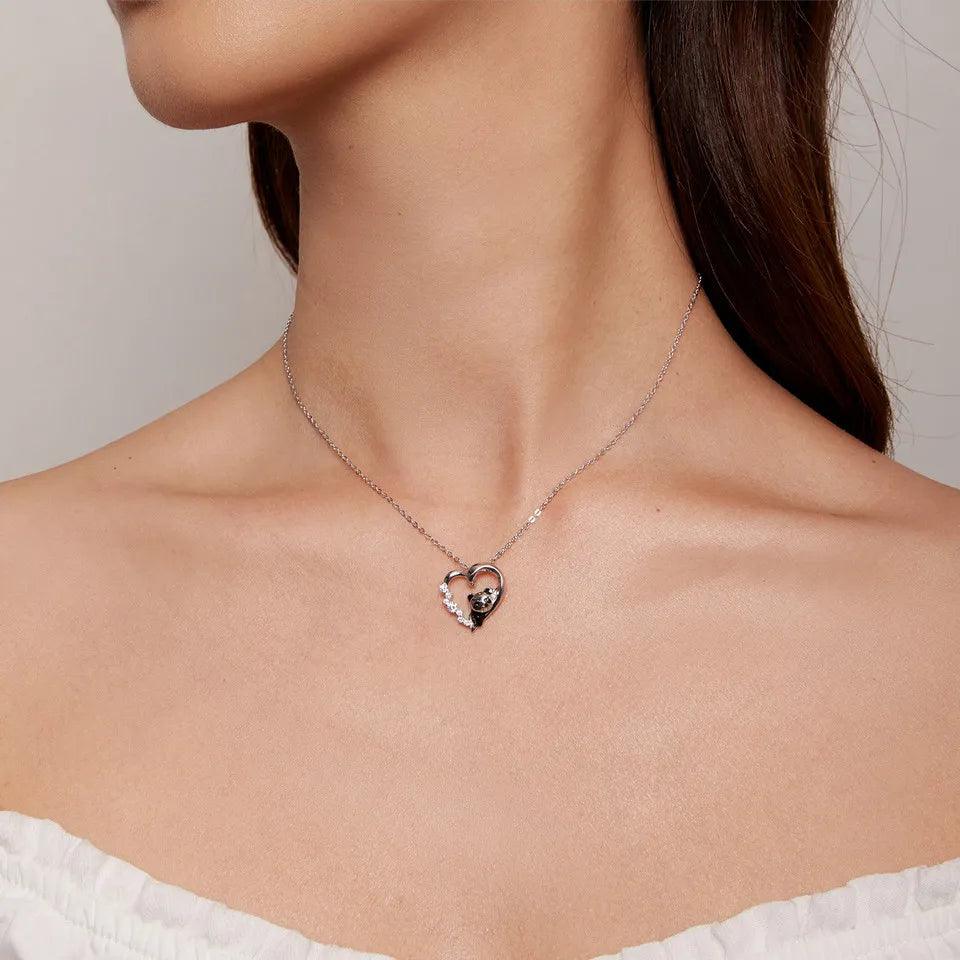 Sterling silver heart panda pendant necklace with crystal-studded charm on chain
