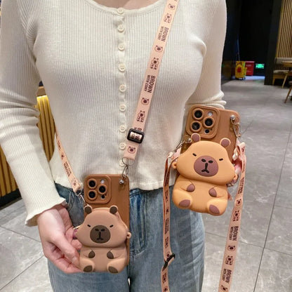 Kawaii Chonky Capybara Samsung Phone Case with Lanyard – Cute Protective Cover | Dark & Light Brown