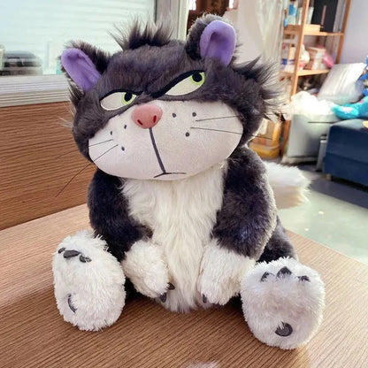 Plush cat doll, dark gray fur with green eyes, purple ears, white belly and paws