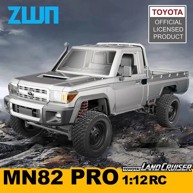 Silver 1:12 RC off-road pickup truck with controllable headlights and rugged tires
