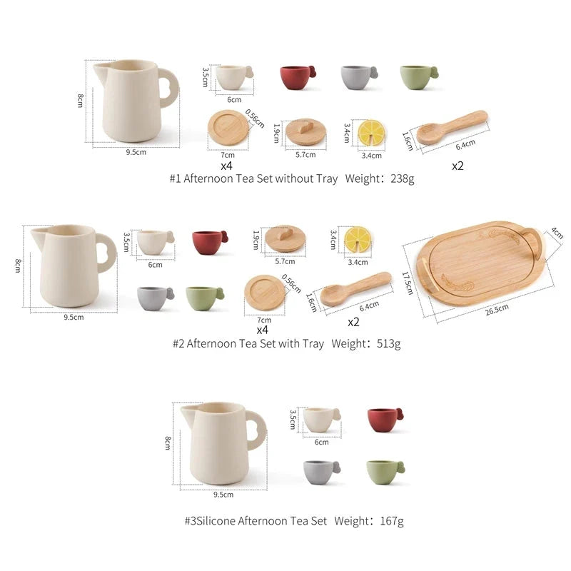 Wooden tea set with dimensions, teapot and cups, includes tray and wooden spoon