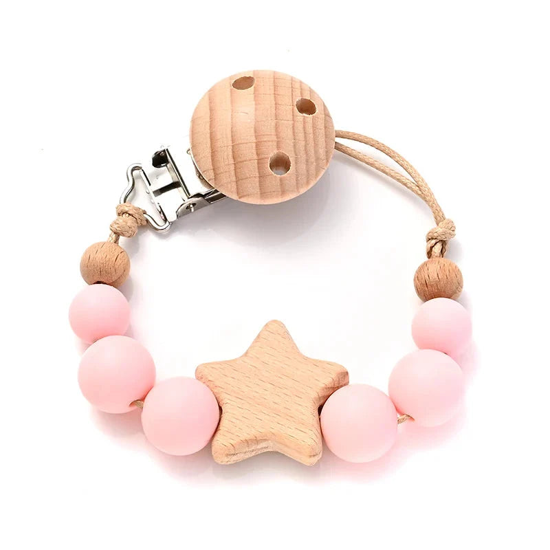 Baby pacifier clip teether chain with wooden star charm and pink silicone beads