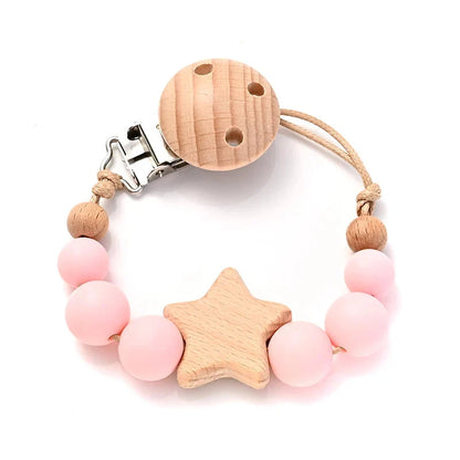 Baby pacifier clip teether chain with wooden star charm and pink silicone beads