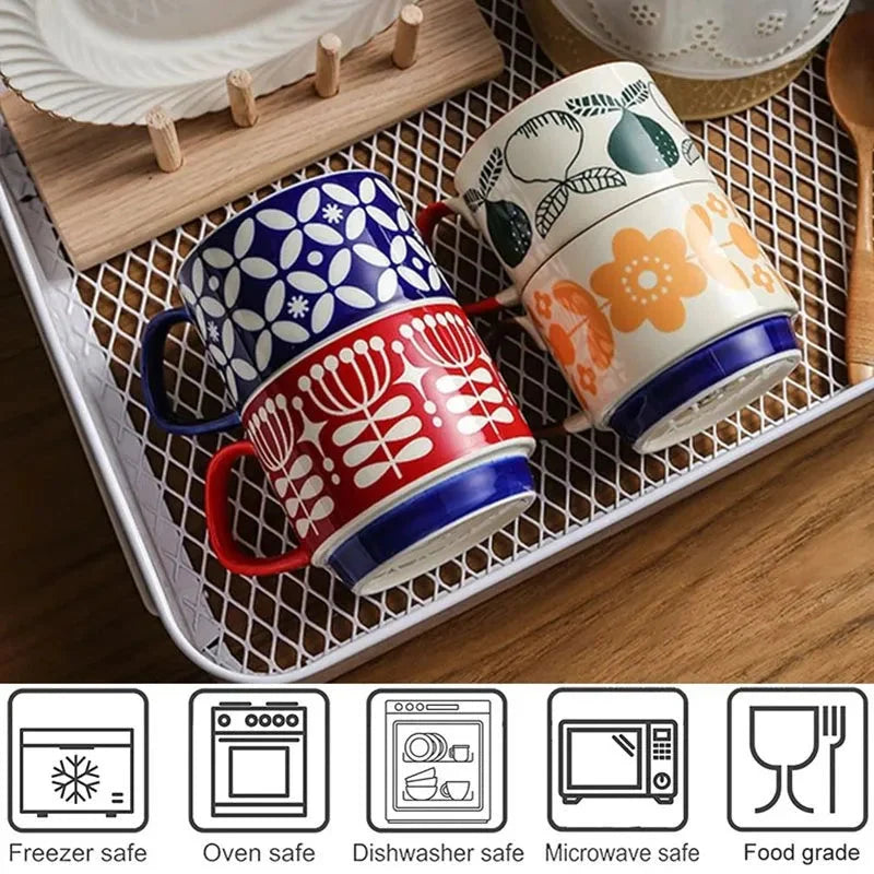 Retro Ceramic Stackable Mug 300ml – Scandinavian Pattern | Spots, Apples, Tulips, Trees & More | Coffee, Tea & Breakfast Cup | Housewarming Gift
