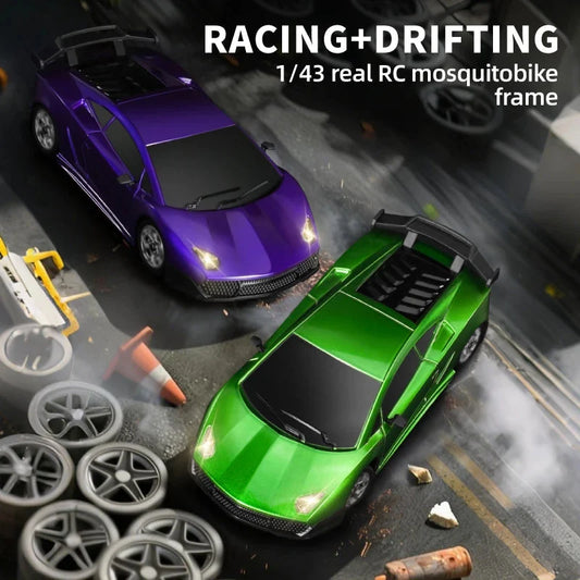 1:43 RC drift racing cars in purple and green with front LED lights