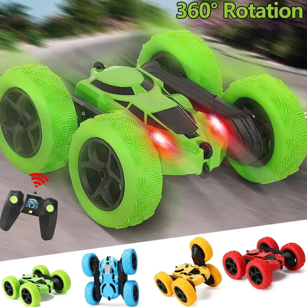 Green RC stunt car with oversized foam tires and 2.4G remote controller