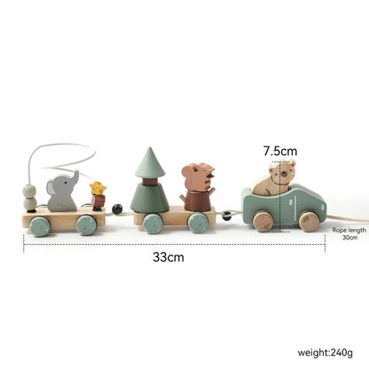 Montessori Wooden Vehicle Toys – Pull-Along Animal Train, Peg Doll Bus, Bead Aircraft & More | Natural Wood | Toddler Birthday Gift