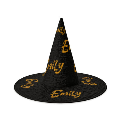 Black witch hat with wide brim and gold “Emily” lettering, textured fabric