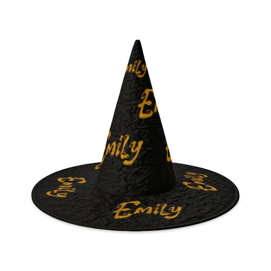 Black witch hat with wide brim and gold “Emily” lettering, textured fabric