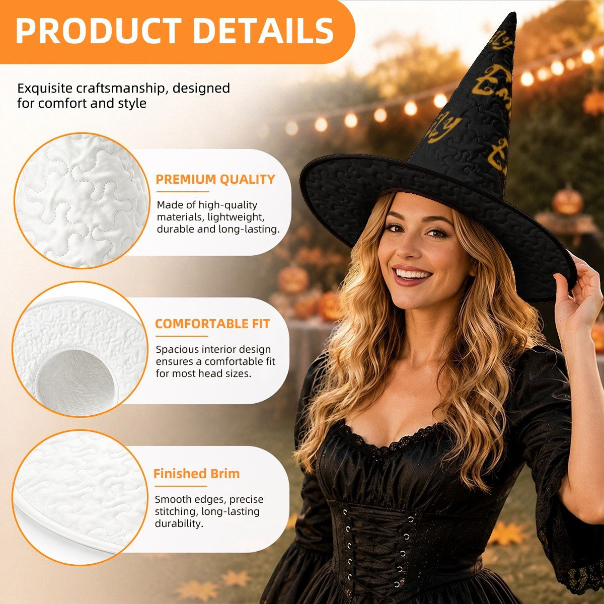 Black witch hat with gold “Emily” lettering, shown on model for product details