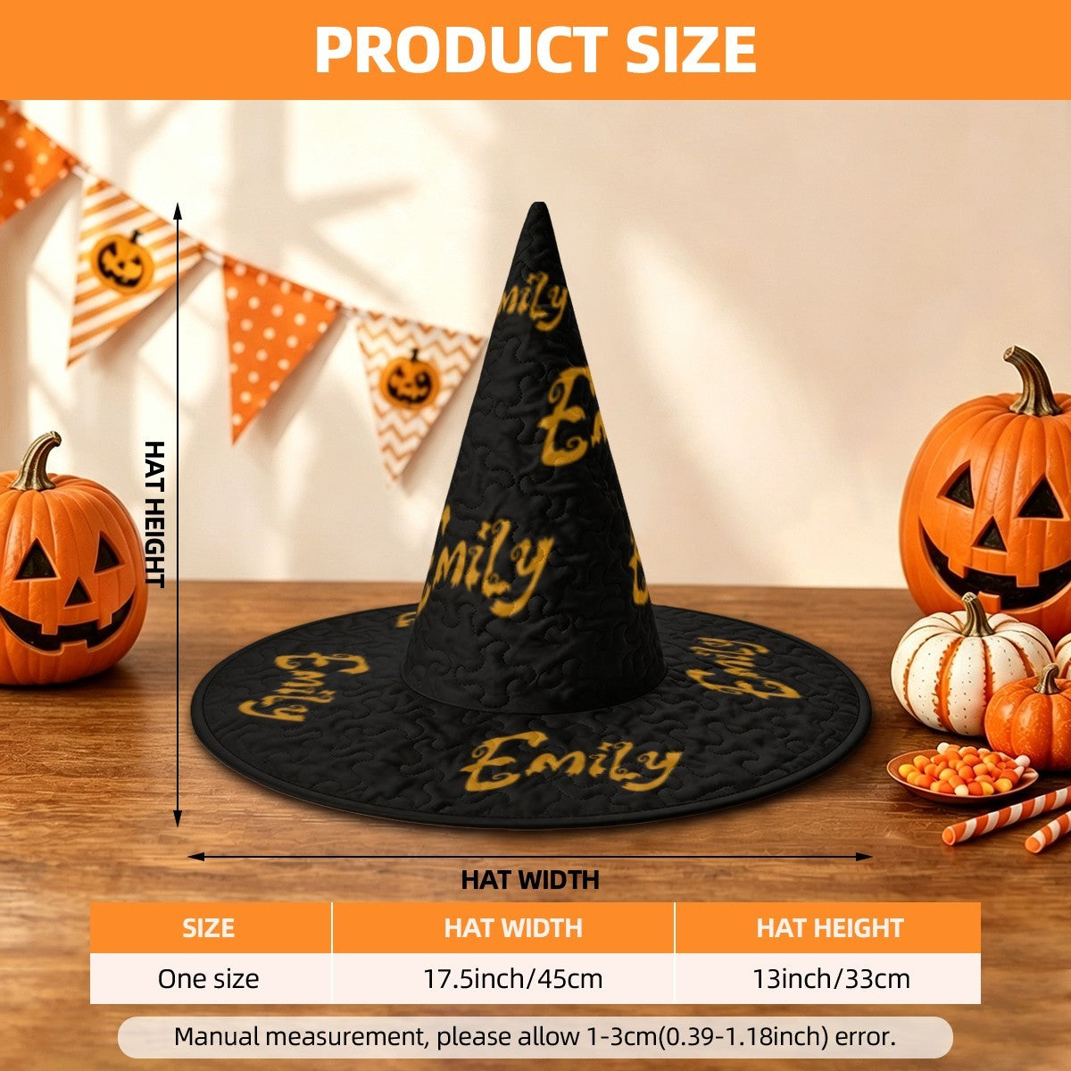 Witch hat size chart with black hat silhouette and width/height measurements