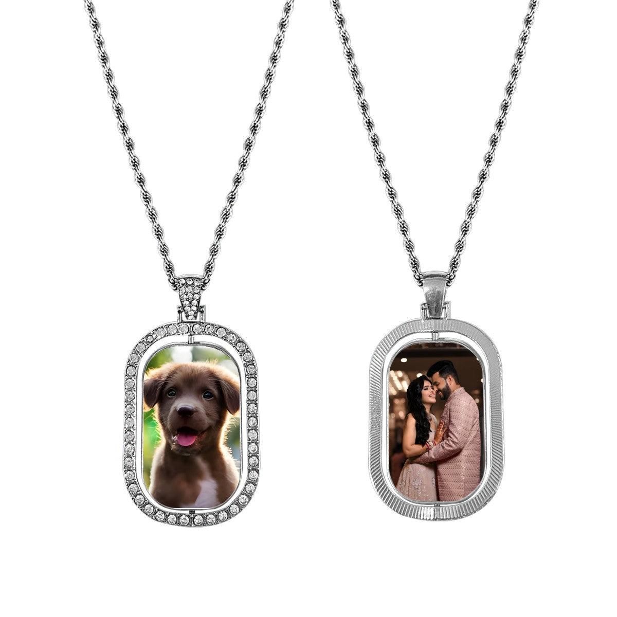 Silver double-sided photo pendant necklace with diamond oval frames and portrait charms