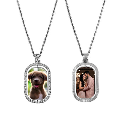 Silver double-sided photo pendant necklace with diamond oval frames and portrait charms