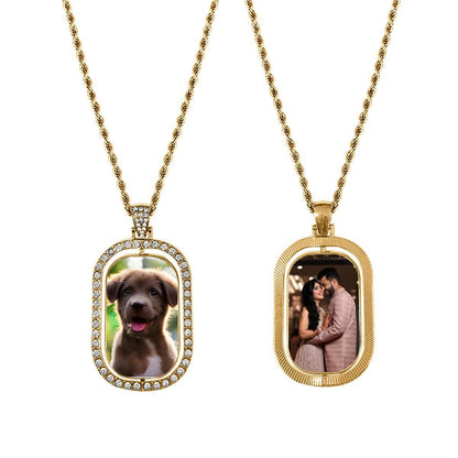 Gold double-sided photo pendant necklace with diamond oval frames and portrait charms