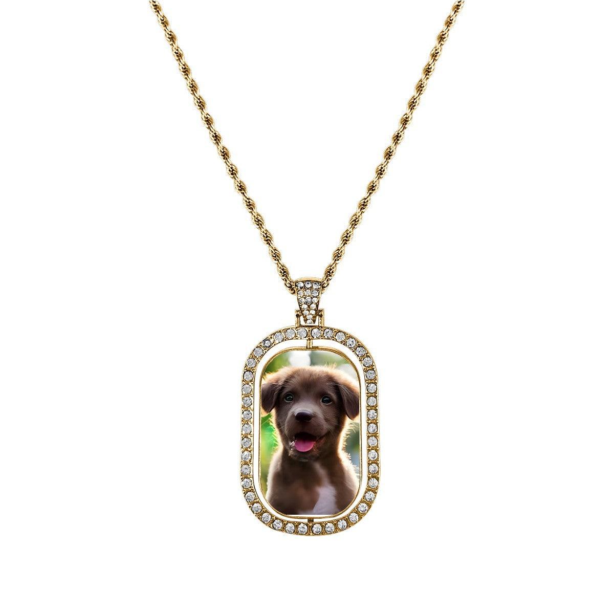 Gold photo pendant necklace with diamond bezel oval frame and puppy portrait charm
