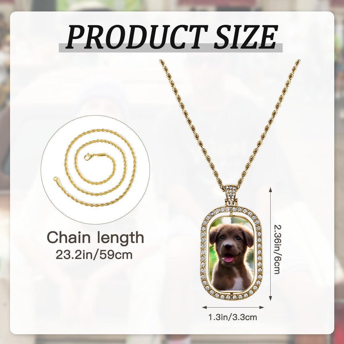 Gold photo pendant necklace with crystal-studded oval bezel and puppy portrait charm