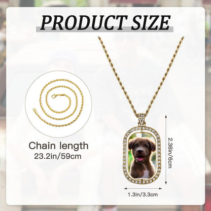 Gold photo pendant necklace with crystal-studded oval bezel and puppy portrait charm