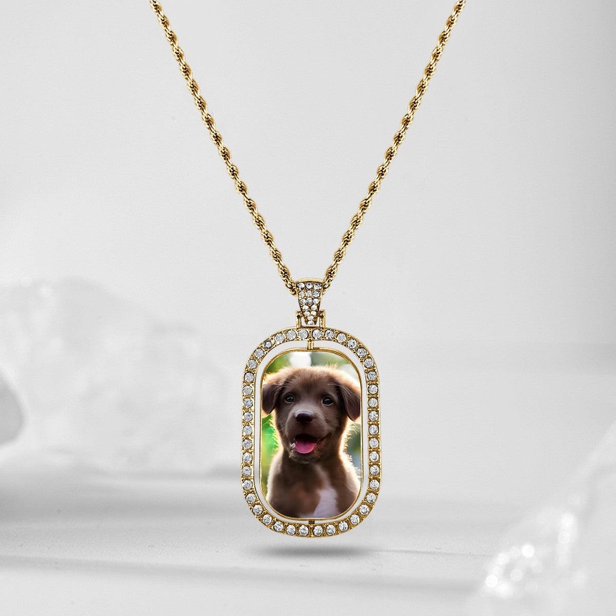 Gold photo pendant necklace with diamond oval bezel and puppy portrait charm