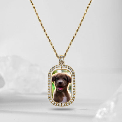 Gold photo pendant necklace with diamond oval bezel and puppy portrait charm