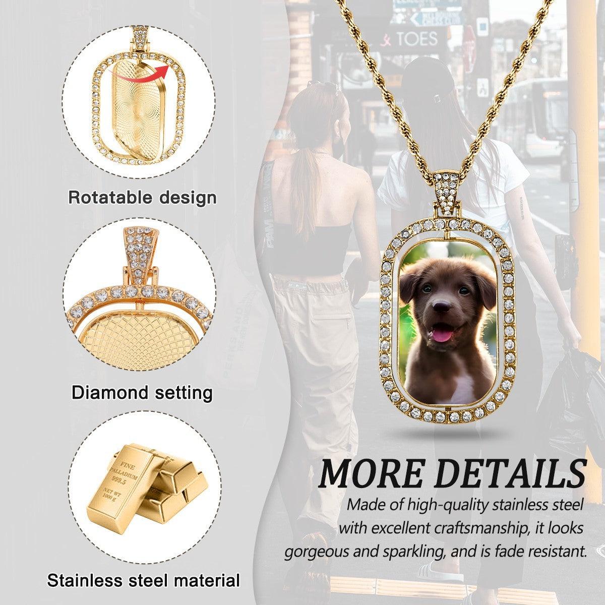 Gold photo pendant necklace with diamond oval bezel, portrait charm, and chain