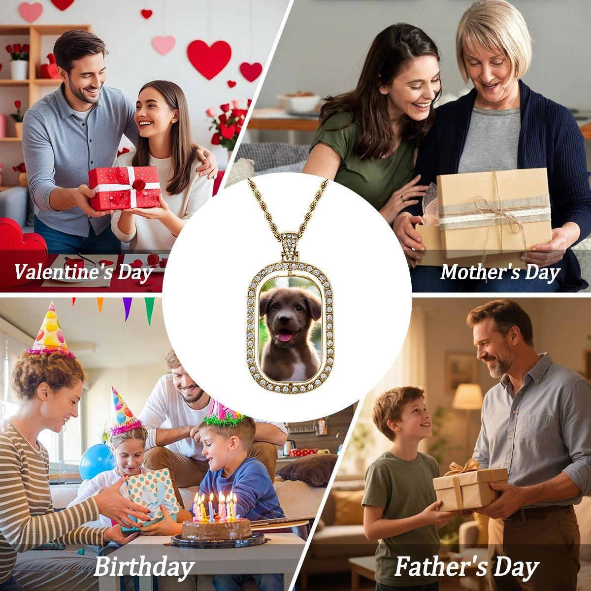 Gold photo pendant necklace with diamond oval bezel and puppy portrait charm