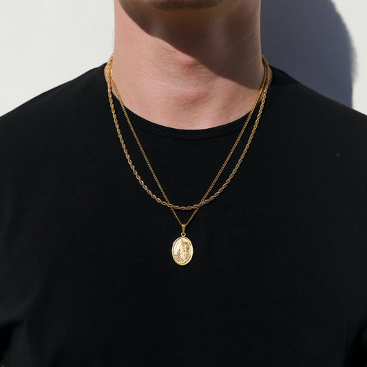 Gold rope chain with oval Saint Raphael pendant, layered necklace look