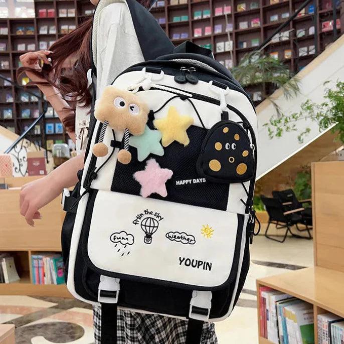 Black kids backpack set with plush charms, front patch pocket and star cloud designs