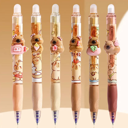 Kawaii Capybara Erasable Gel Pens – Set of 6 Cute Capy Buddies Pens | Blue Ink | Kawaii Stationery Gift