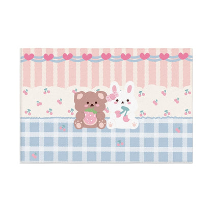 Pastel plush area rug with teddy and bunny on candy dots and stripes in pink and blue