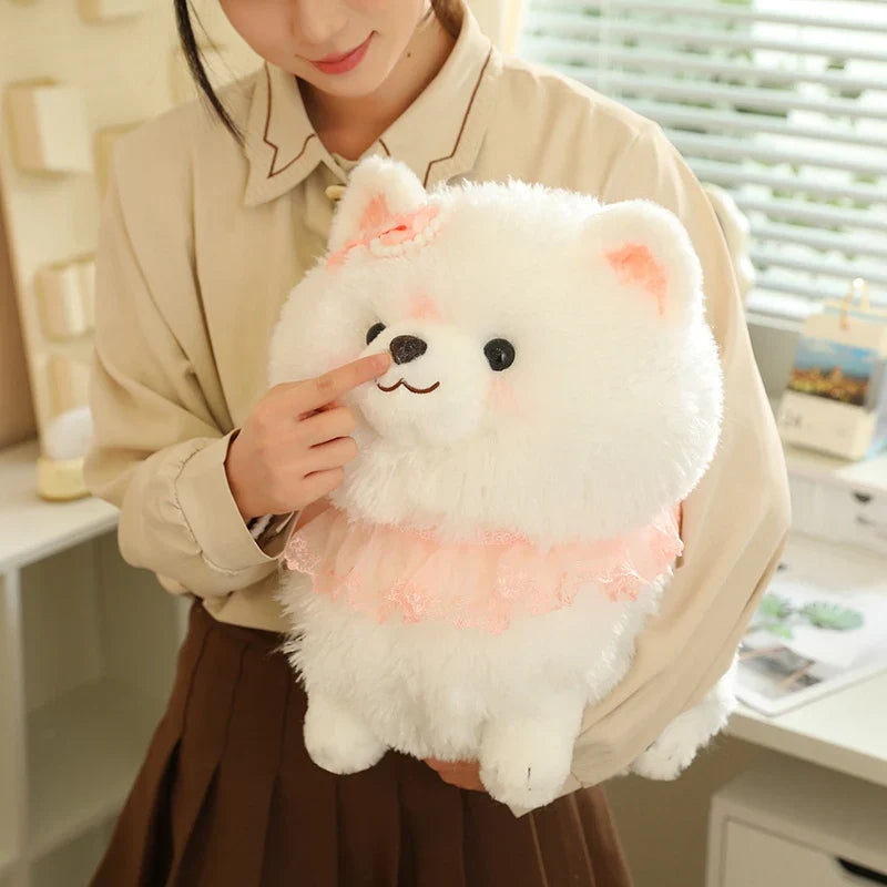 Kawaii Pretty Pomeranian Plushie – Fluffy White Dog with Pink Ruffle Collar | 31cm, 37cm & 52cm