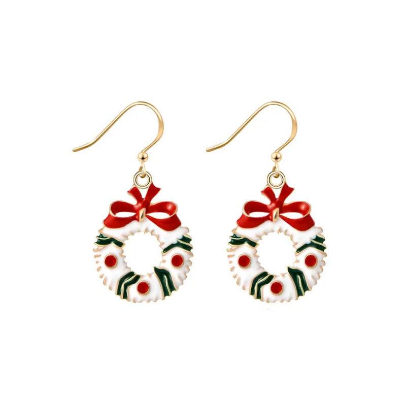 Gold drop earrings with white Christmas wreath, red bow and green ribbon with red dots