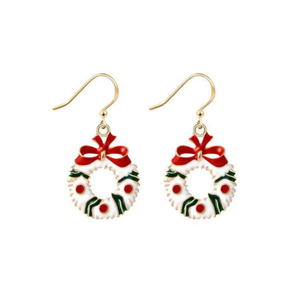 Gold drop earrings with white Christmas wreath, red bow and green ribbon with red dots