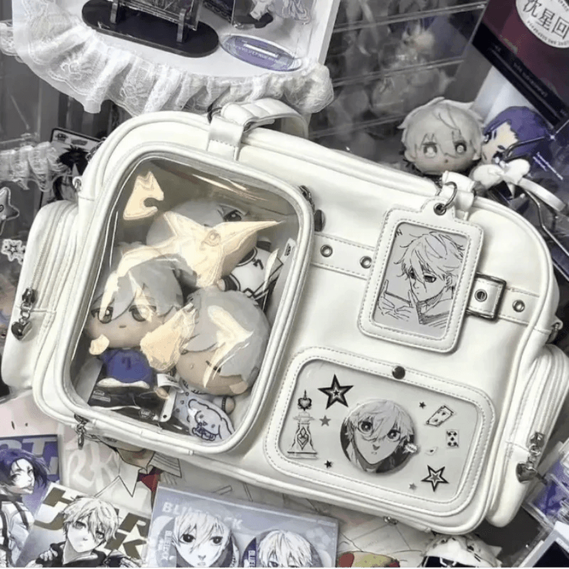 Pastel crossbody bag, white, front clear window pocket with character plush inside