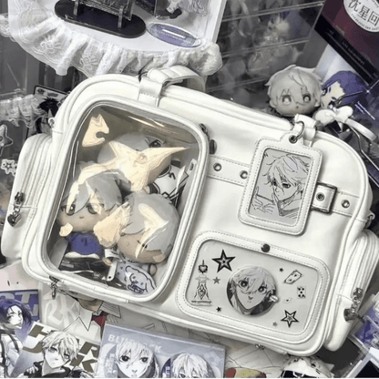 Pastel crossbody bag, white, front clear window pocket with character plush inside