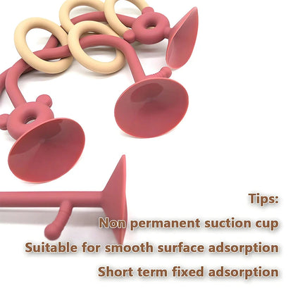 Silicone bead wrap baby learning toy with pink loops and suction cups, plus animal-shaped posts