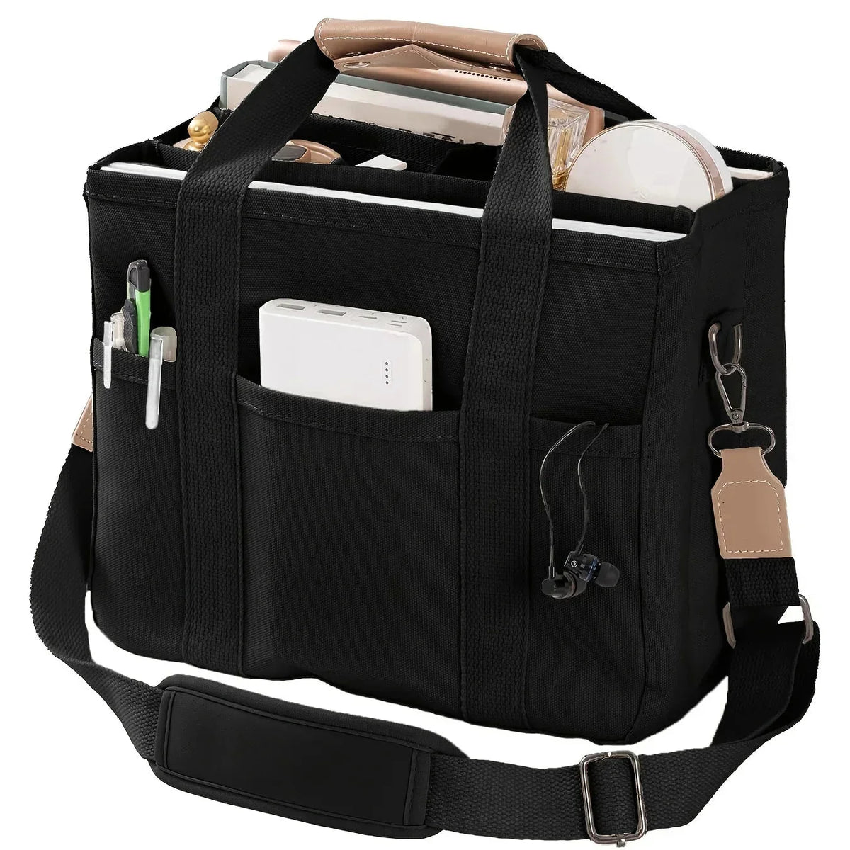 Black canvas multi-pocket tote bag with adjustable shoulder strap and top carry handle