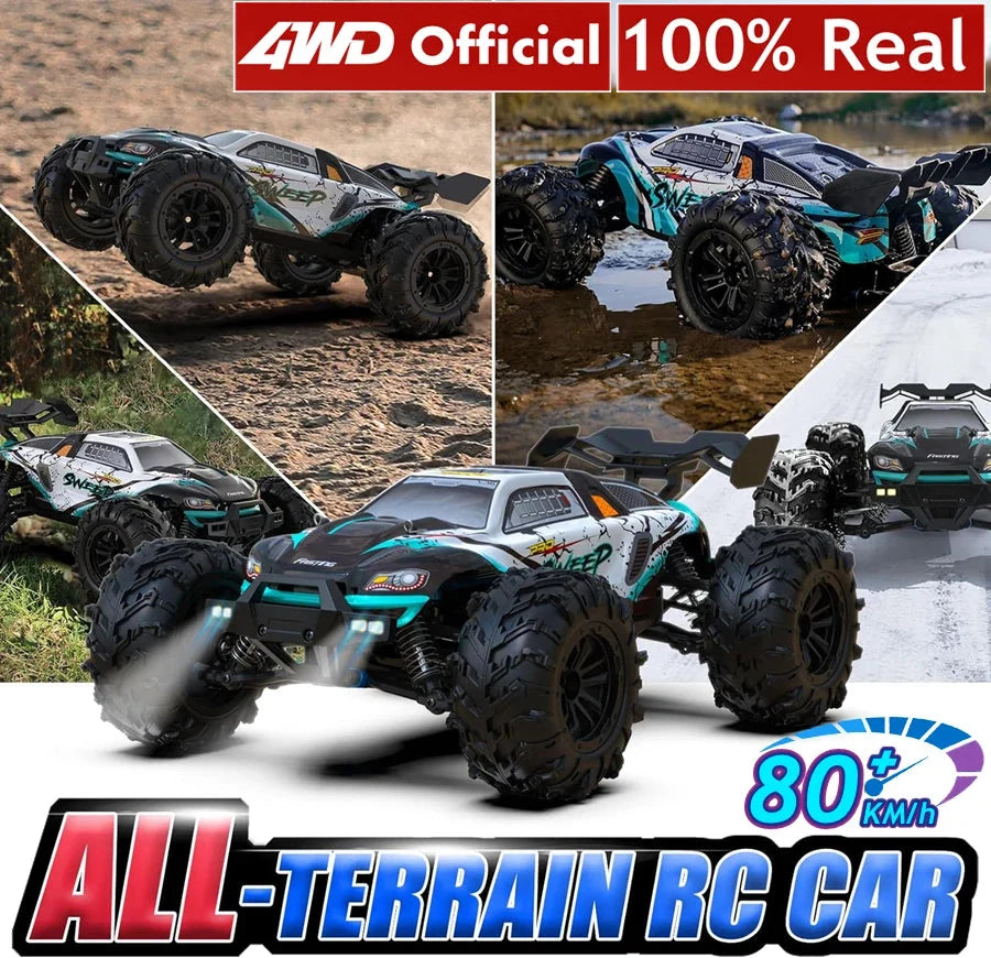 Teal and white 1:16 4x4 RC off-road truck with rugged black tires